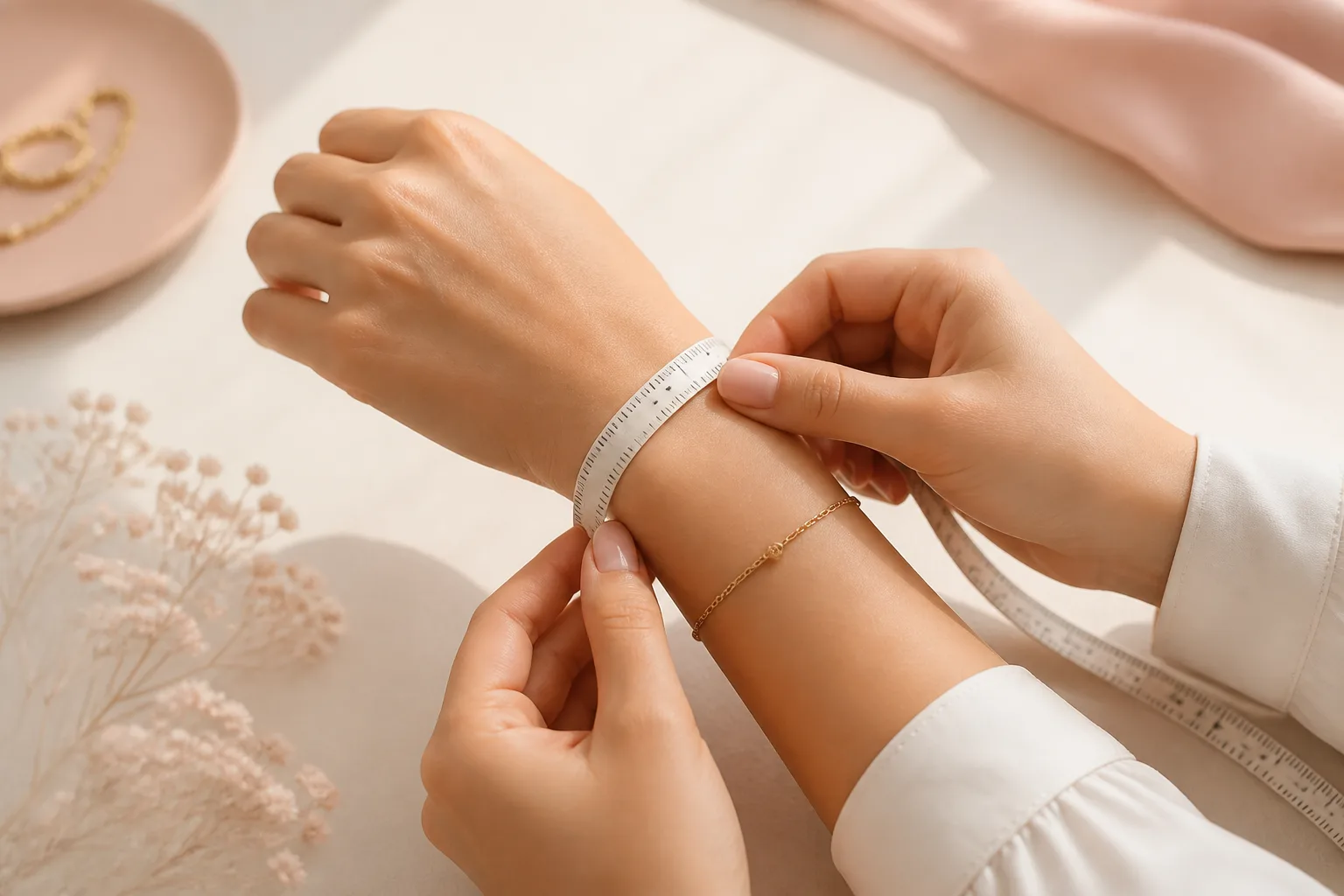 Pols meten met een zachte meetlint voor een charm armband
